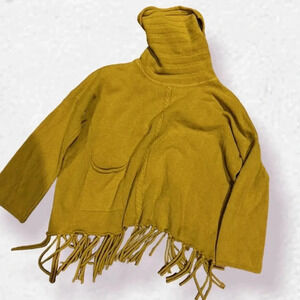 Vintage mustard yellow turtle neck sweater  poncho with Tassels hem Sz M
